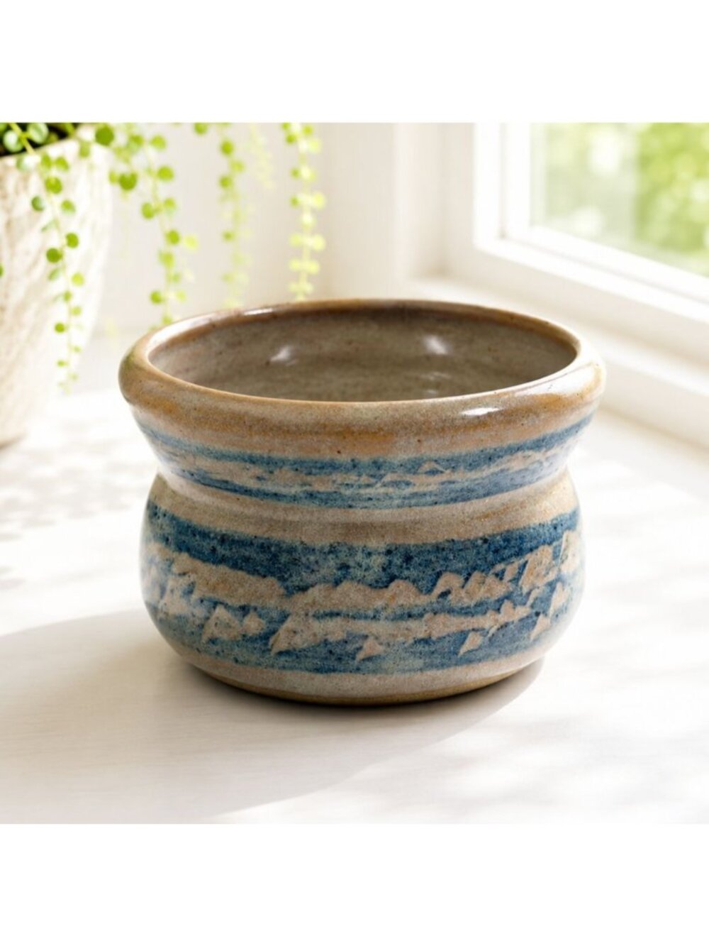 Artisan Stoneware Planter Bowl Handmade Blue & Beige Ceramic Signed MH Rustic Ho